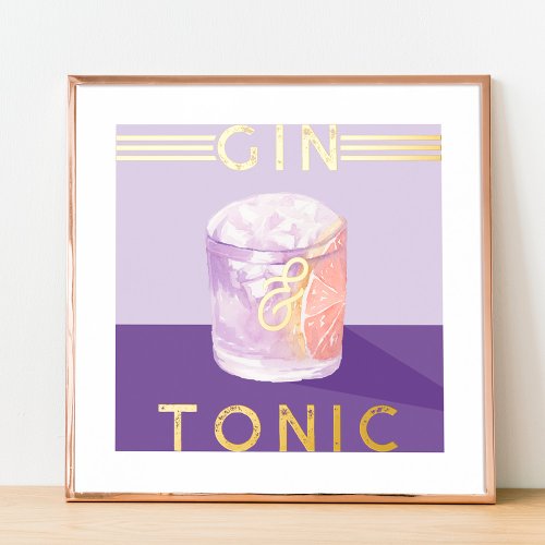 Gin  Tonic Retro Purple Cocktail Watercolor Art Foil Prints