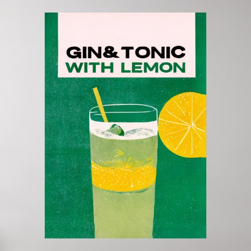Gin Tonic with Lemon Green Retro Art Poster