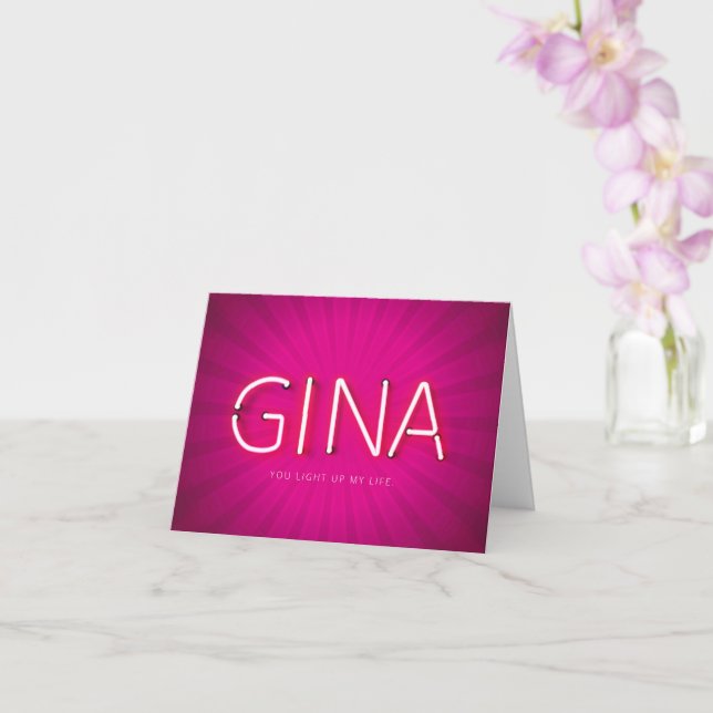 Gina name in glowing neon lights card (Orchid)