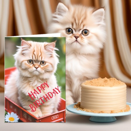 Ginger and Cream Tabby Cat in Red Wagon Birthday Card