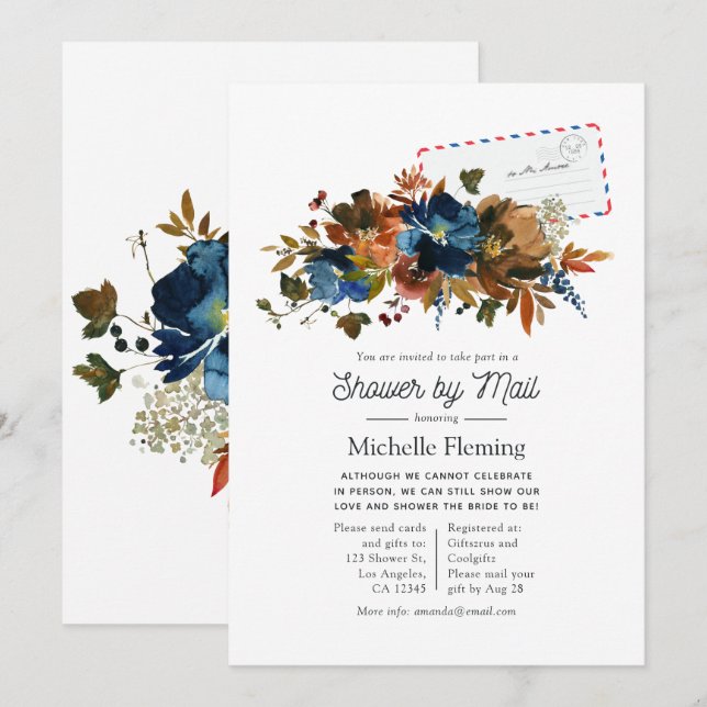 Ginger and Navy Floral Bridal Shower by Mail Invitation (Front/Back)