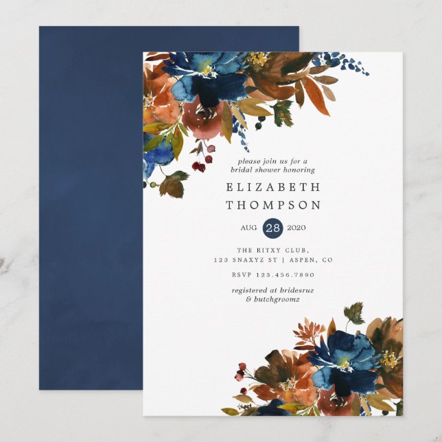 Ginger and Navy Floral Bridal Shower Invitation (Front/Back)