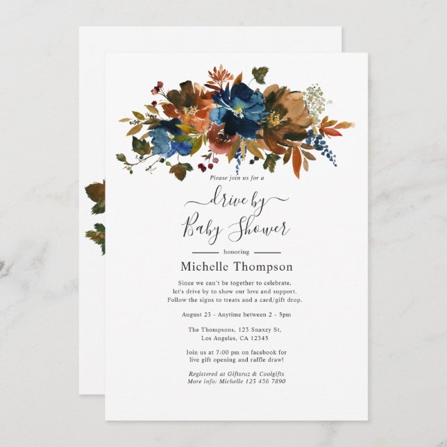 Ginger and Navy Floral Drive By Shower Invitation (Front/Back)