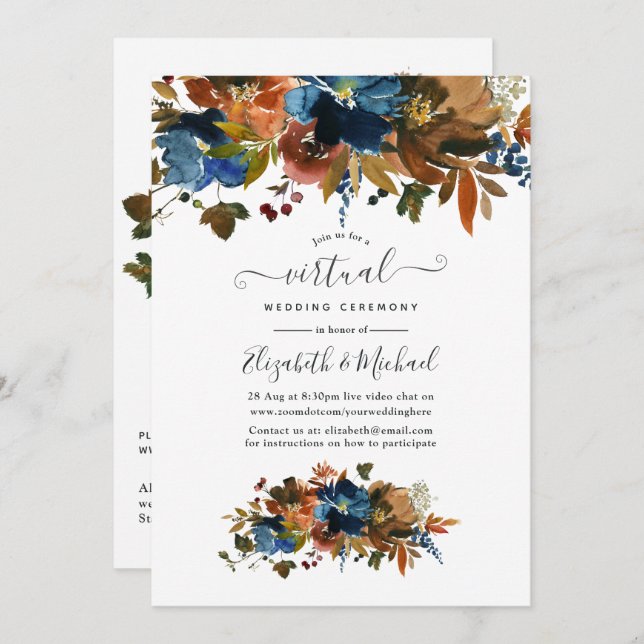 Ginger and Navy Floral Online Virtual Wedding Invitation (Front/Back)