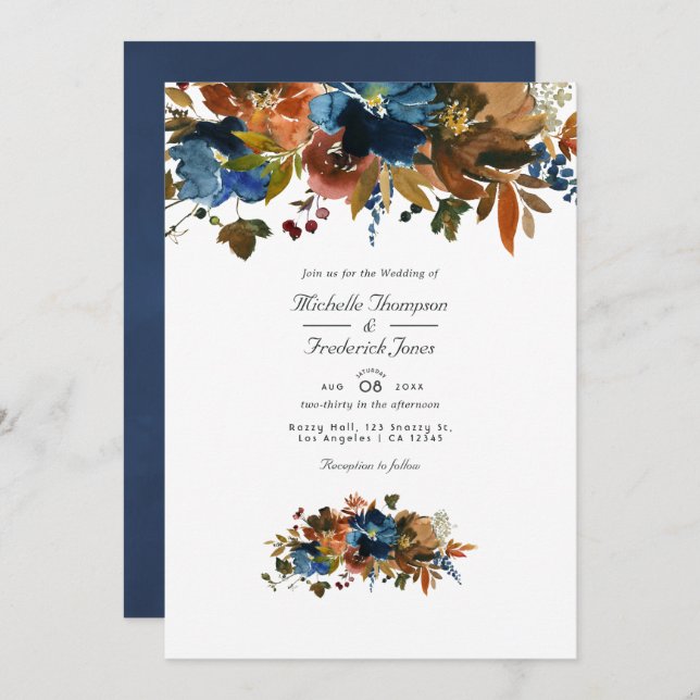 Ginger and Navy Floral QR Code RSVP Wedding Invitation (Front/Back)