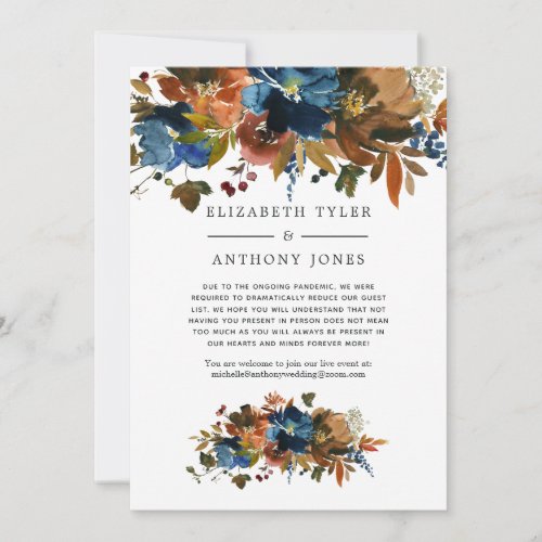 Ginger and Navy Floral Reduced Wedding Guest List Announcement