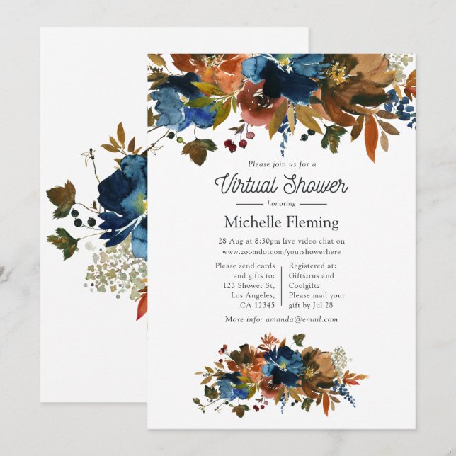 Ginger and Navy Floral Virtual Baby Shower Invitation (Front/Back)