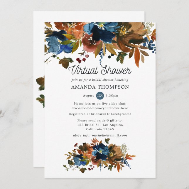 Ginger and Navy Floral Virtual Bridal Shower Invitation (Front/Back)