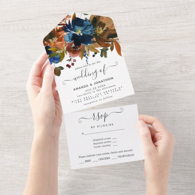Ginger and Navy Floral Wedding All In One Invitation (Tearaway)