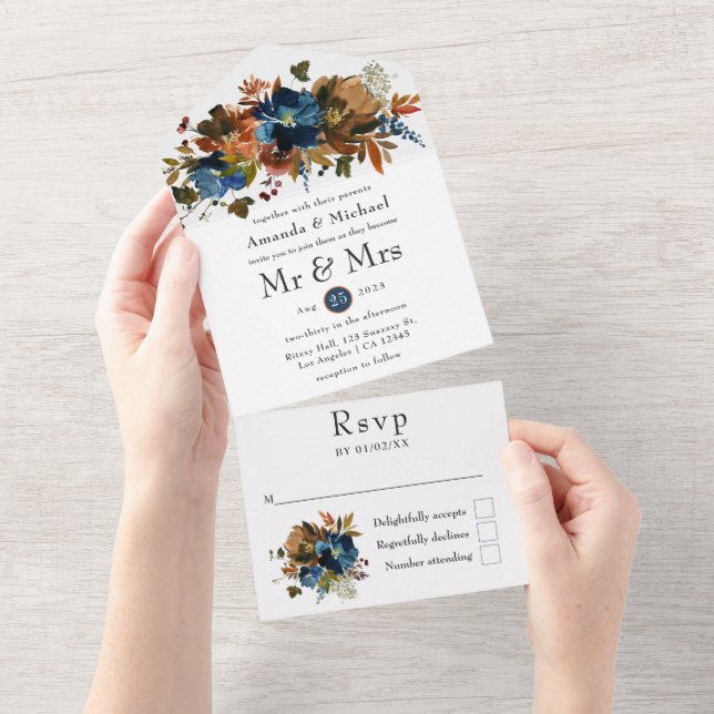 Ginger and Navy Floral Wedding All In One Invitation (Tearaway)