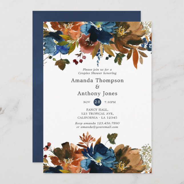 Ginger and Navy Floral Wedding Couples Shower Invitation (Front/Back)