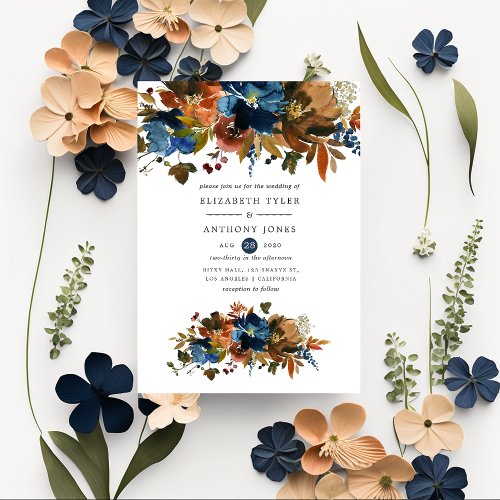 Ginger and Navy Floral Wedding Invitation