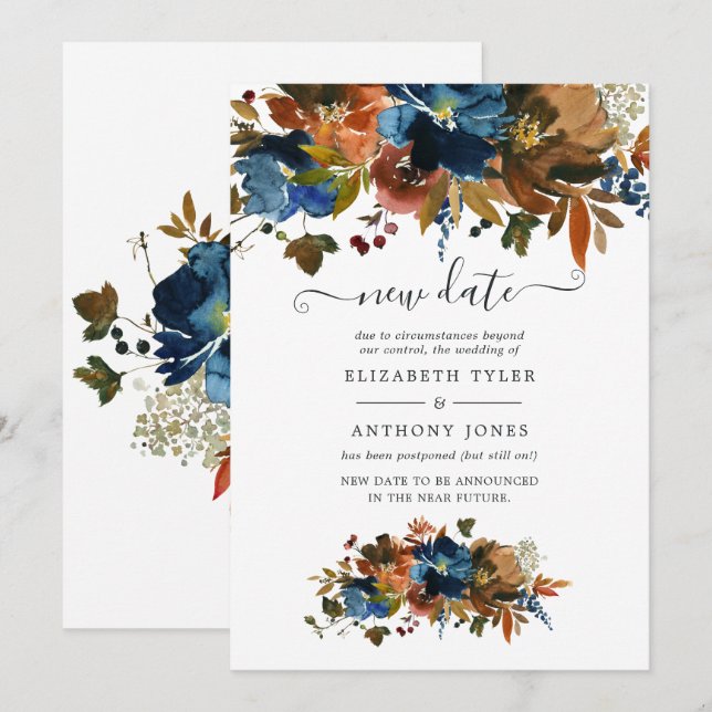 Ginger and Navy Floral Wedding New Date Invitation (Front/Back)
