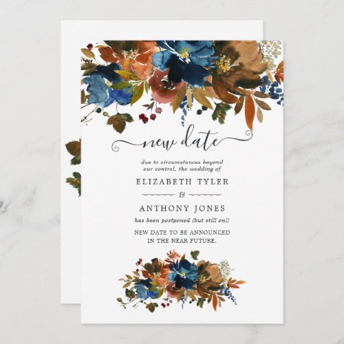 Ginger and Navy Floral Wedding New Date Invitation