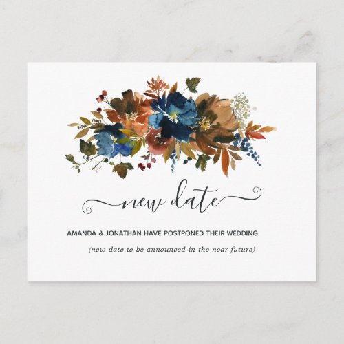 Ginger and Navy Floral Wedding New Date Postcard