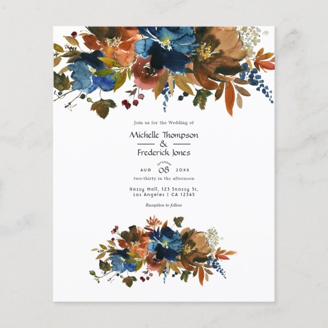 Ginger and Navy Floral Wedding nvitation Flyer (Front)