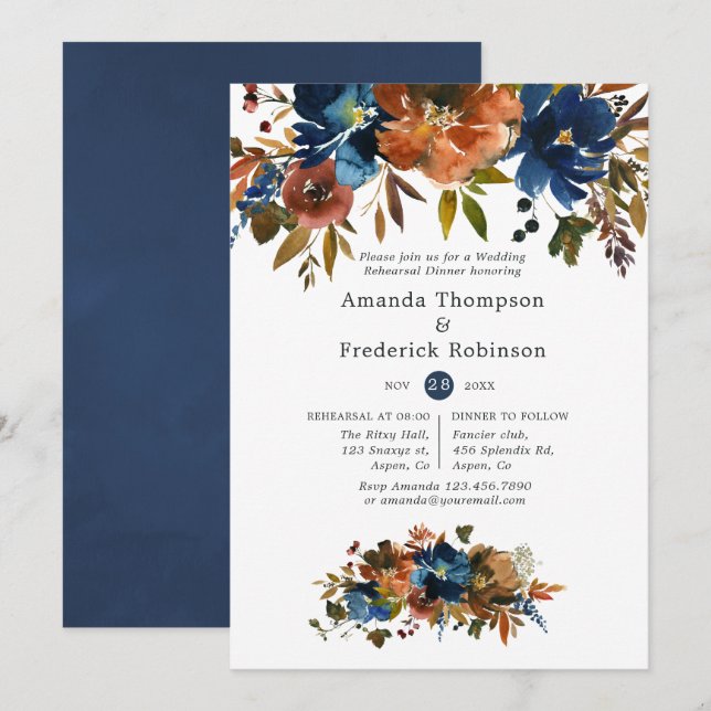 Ginger and Navy Floral Wedding Rehearsal Dinner Invitation (Front/Back)