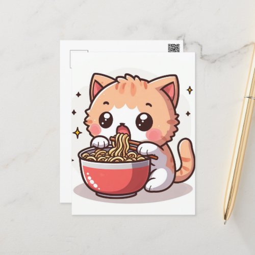 Ginger and White Kitten Eating Ramen Postcard