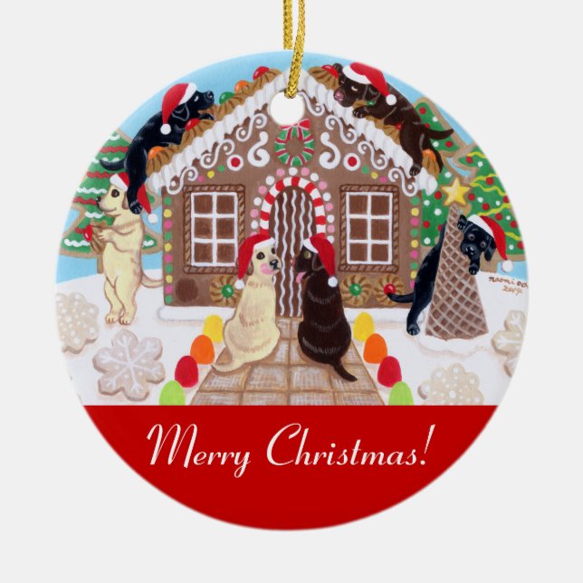 Ginger Bread House Labradors Painting Ceramic Ornament (Front)
