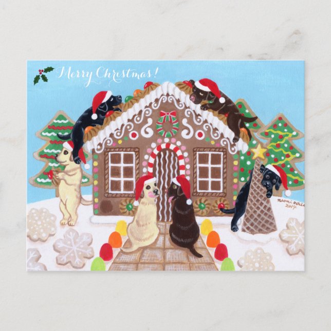 Ginger Bread House Labradors Painting Holiday Postcard (Front)