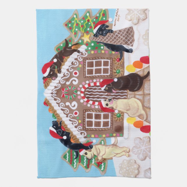 Ginger Bread House Labradors Painting Kitchen Towel (Vertical)