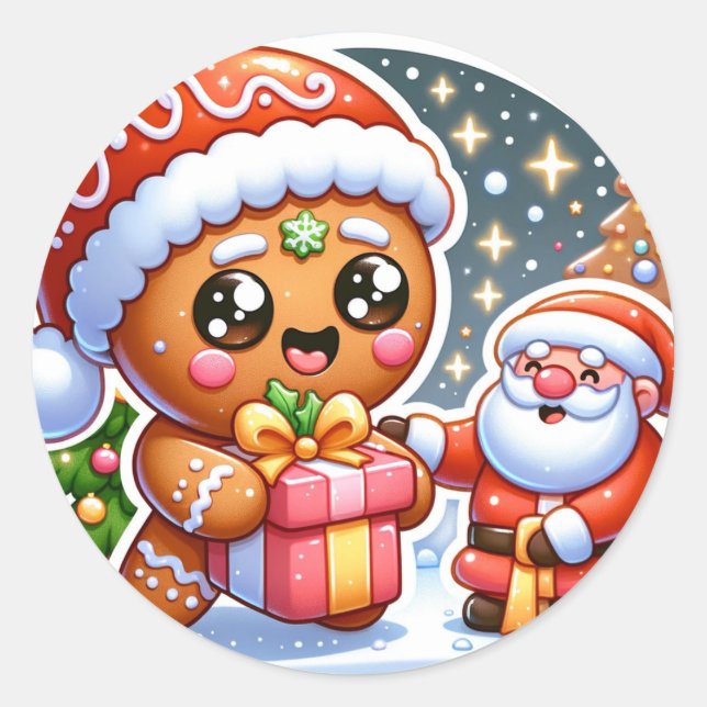 Ginger Bread Man and Santa Claus Classic Round Sticker (Front)