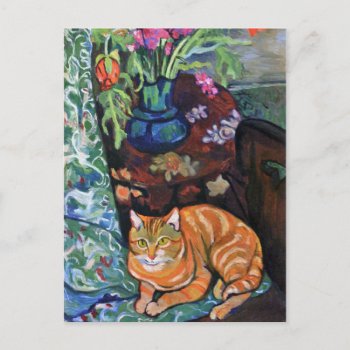 Ginger Cat And Bouquet Of Flowers By Valadon Postcard by lazyrivergreetings at Zazzle