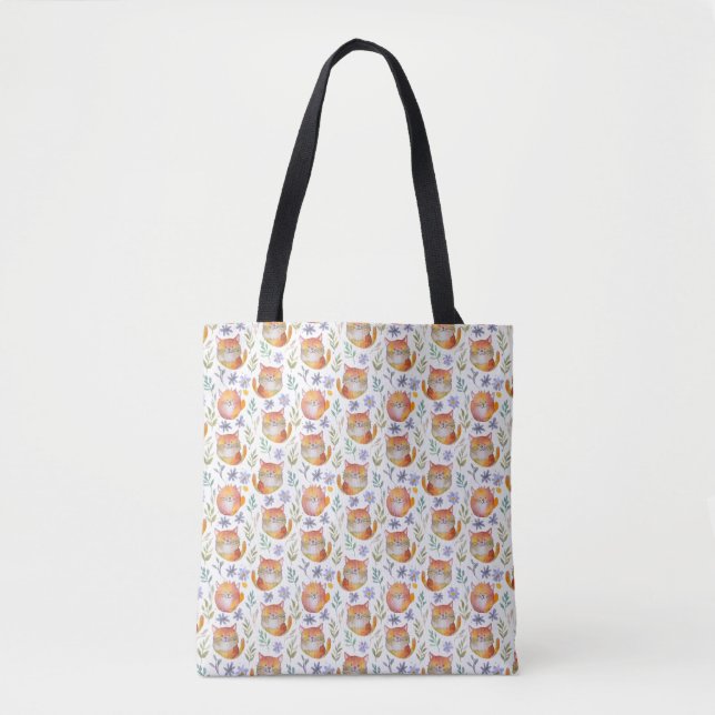 Ginger Cat and Flowers Motif Tote Bag (Front)