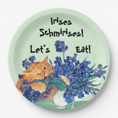 Ginger Cat Attacking Irises Spoof Painting Humor Paper Plates