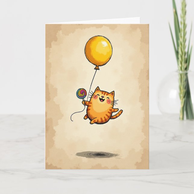 Ginger Cat Balloon Birthday Card (Front)
