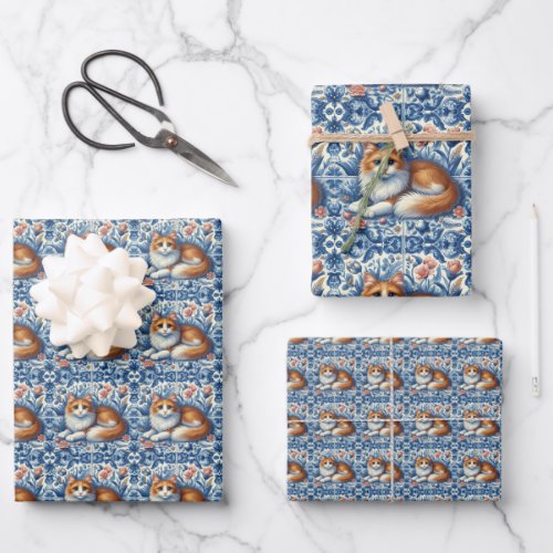 Ginger Cat  Blue White Floral English Delft  Wrapping Paper Sheets