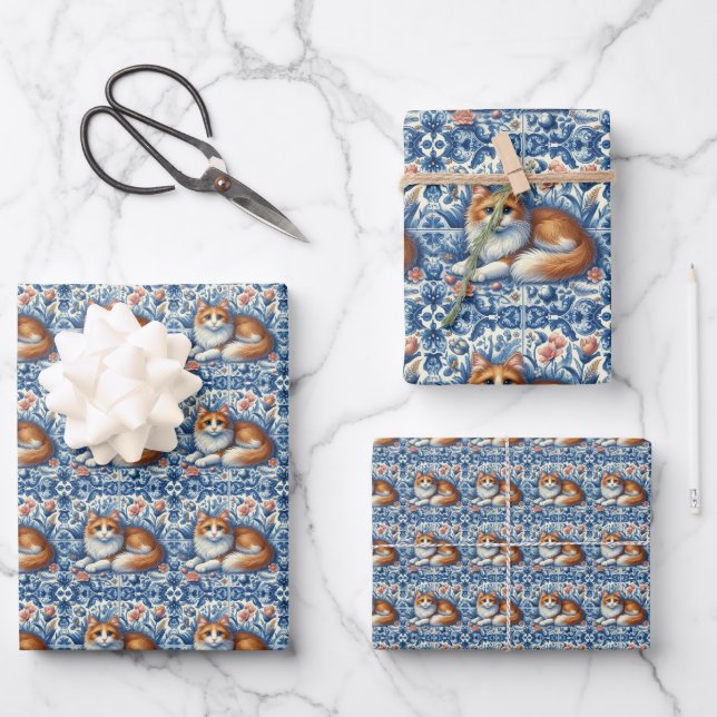 Ginger Cat  Blue White Floral English Delft  Wrapping Paper Sheets (Front)