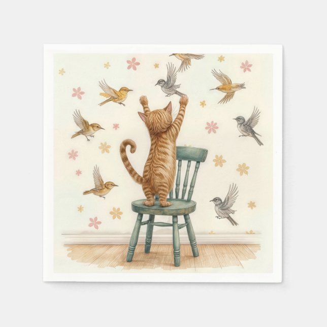 Ginger Cat Catching a Bird On Wallpaper Napkins (Front)
