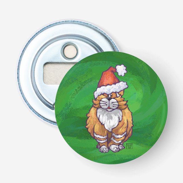 Ginger Cat Christmas On Green Bottle Opener (Front)