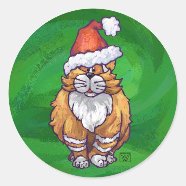 Ginger Cat Christmas On Green Classic Round Sticker (Front)