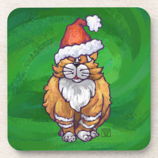 Ginger Cat Christmas On Green Coaster