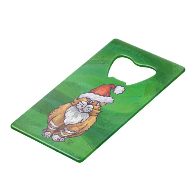 Ginger Cat Christmas On Green Credit Card Bottle Opener (Front Angled)