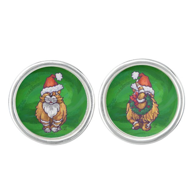 Ginger Cat Christmas On Green Cufflinks (Front)