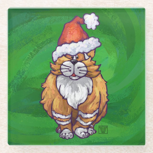 Ginger Cat Christmas On Green Glass Coaster (Front)