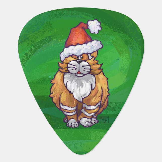 Ginger Cat Christmas On Green Guitar Pick (Front)