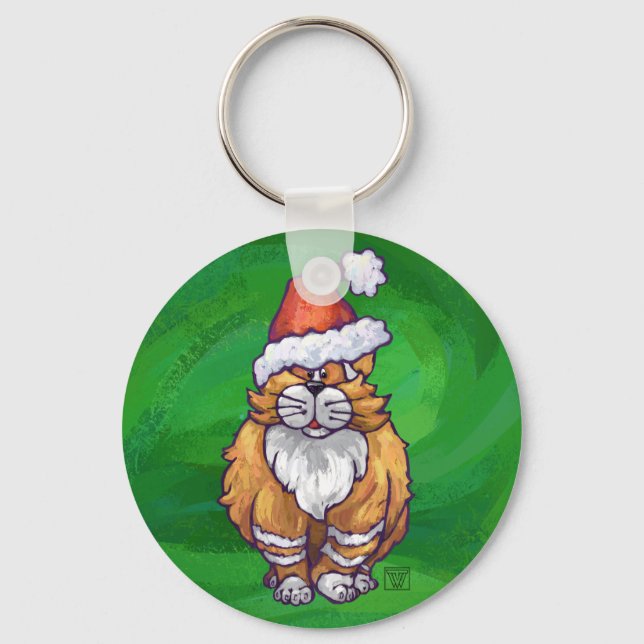 Ginger Cat Christmas On Green Keychain (Front)