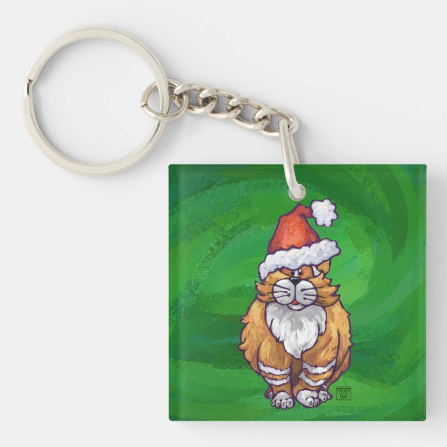 Ginger Cat Christmas On Green Keychain (Front)