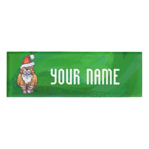 Ginger Cat Christmas On Green Name Tag