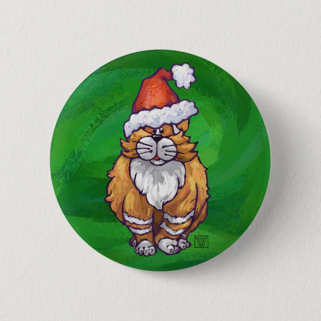 Ginger Cat Christmas On Green Pinback Button (Front)