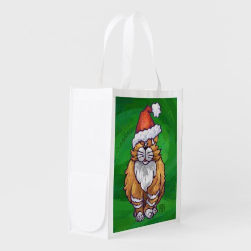 Ginger Cat Christmas On Green Reusable Grocery Bag