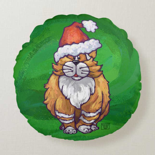 Ginger Cat Christmas On Green Round Pillow (Front)