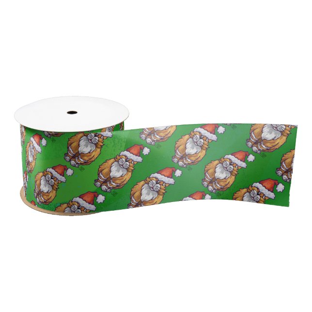 Ginger Cat Christmas On Green Satin Ribbon (Spool)