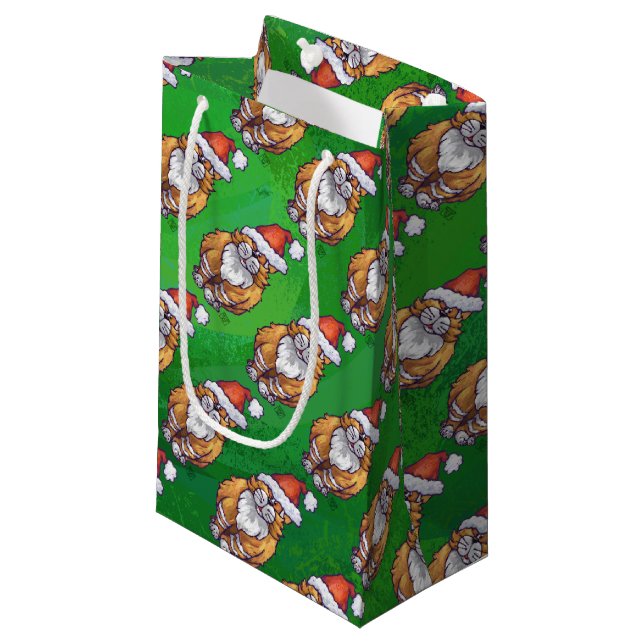 Ginger Cat Christmas On Green Small Gift Bag (Front Angled)
