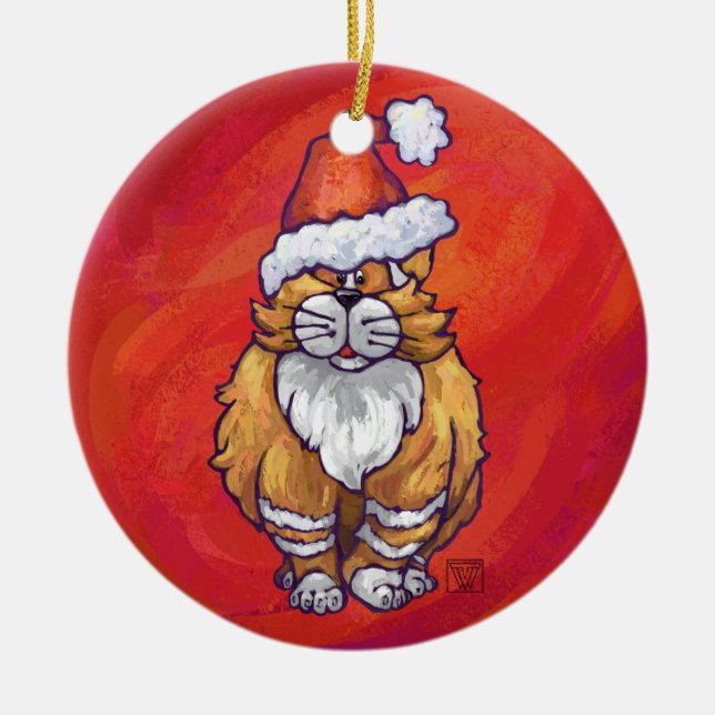 Ginger Cat Christmas On Red Ceramic Ornament (Front)