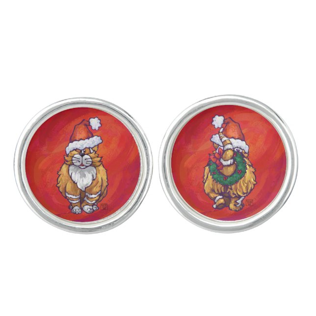 Ginger Cat Christmas On Red Cufflinks (Front)